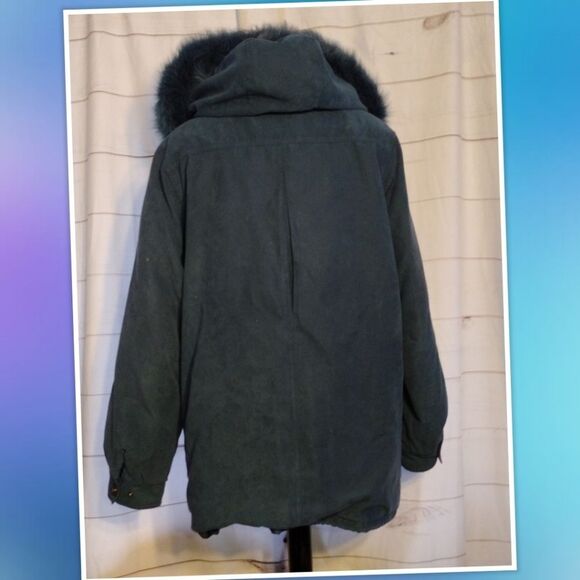 ST. John's Bay Romolite Faux Suede Coat Large With Removable Hood Trimmed In Fox - Picture 3 of 5